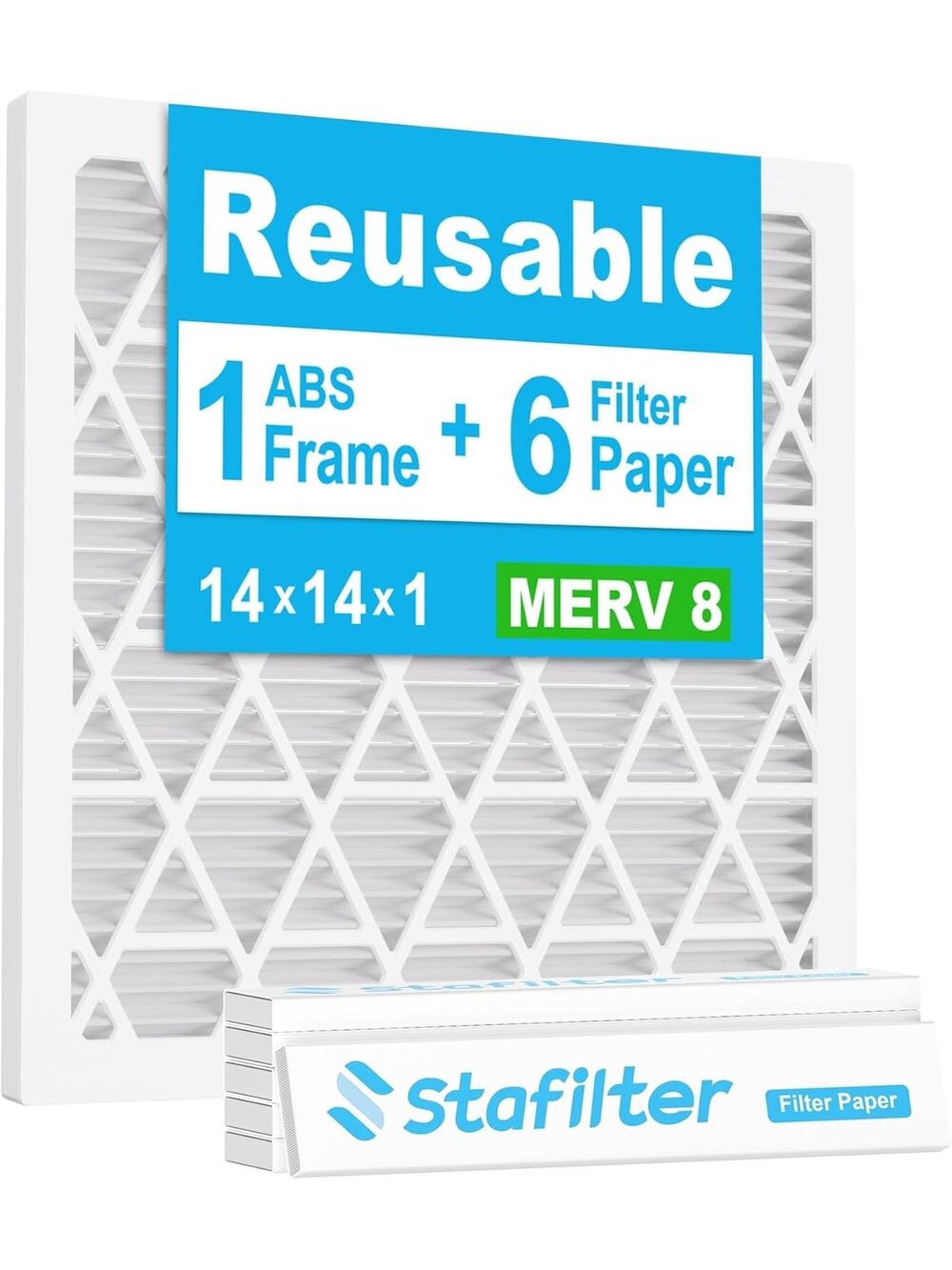 STAFILTER Reusable 14x14x1 Air Filter (MERV 8), 1 Foldable Frame + 6 Refills NEW